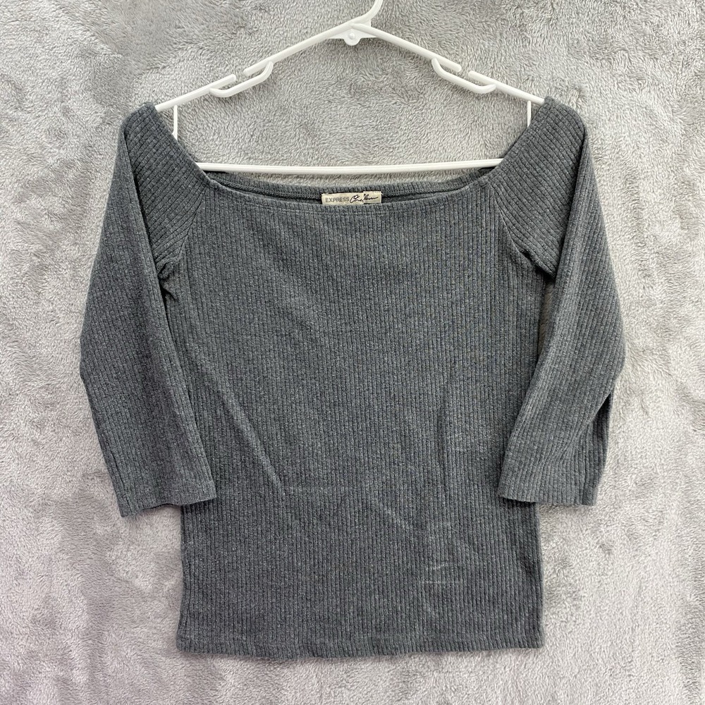 Express One Eleven Ribbed Boatneck Top Women Small Gray 3/4 Sleeve Knit